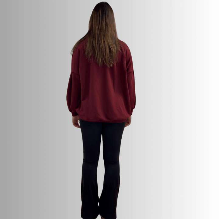 Made in USA Women's Cotton Blend French Terry Oversized Solid Knit Sweatshirt with Side Pockets, Longer Length, Medium Weight in Burgundy | Classy Cozy Cool Made in America Boutique