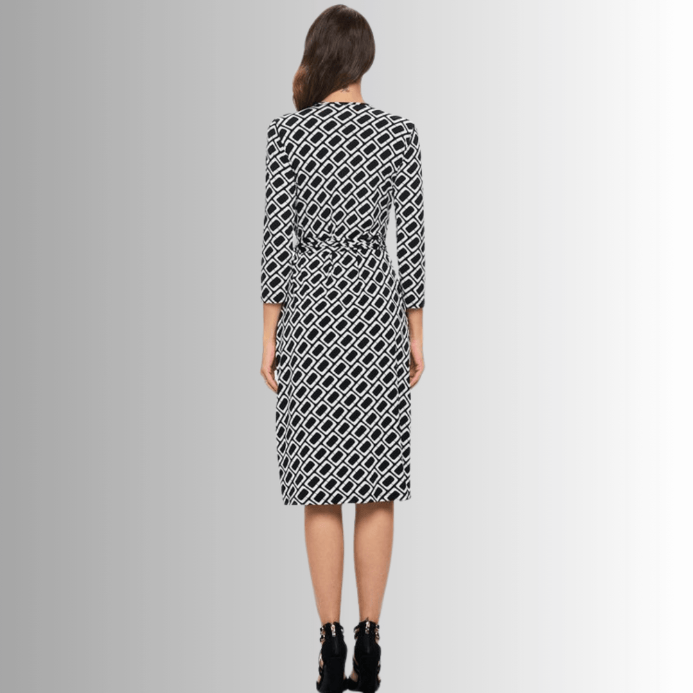 Beautiful Ladies Black & White Geometrical Design Printed Wrap Midi Dress with 3/4 Sleeves | Renee C. Style 4329DR3 | Proudly Made in USA | Classy Cozy Cool Clothing Boutique