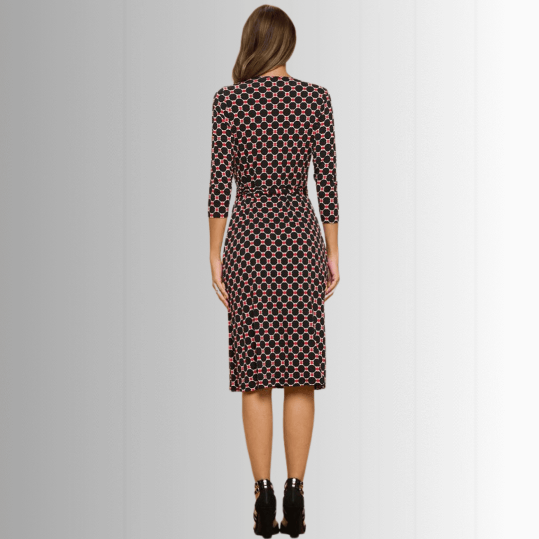 Beautiful Ladies Black & Red Geometrical Design Printed Wrap Midi Dress with 3/4 Sleeves | Renee C. Style 4329DRC | Proudly Made in USA | Classy Cozy Cool Clothing Boutique