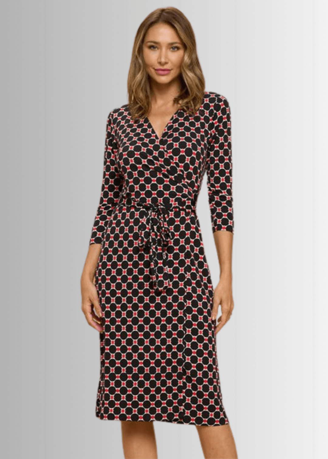 Ladies Black & Red Geometrical Design Printed Wrap Midi Dress Classy Cozy Cool | Made in USA | Women's Clothing Boutique Ladies Black & Red Geometrical Design Printed Wrap Midi Dress Classy Cozy Cool | Made in USA | Women's Clothing Boutique