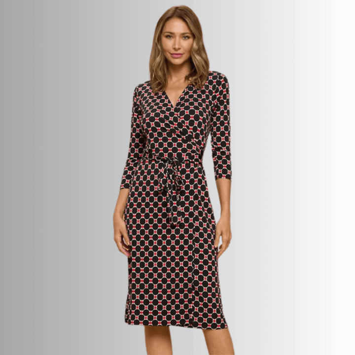 Beautiful Ladies Black & Red Geometrical Design Printed Wrap Midi Dress with 3/4 Sleeves | Renee C. Style 4329DRC | Proudly Made in USA | Classy Cozy Cool Clothing Boutique