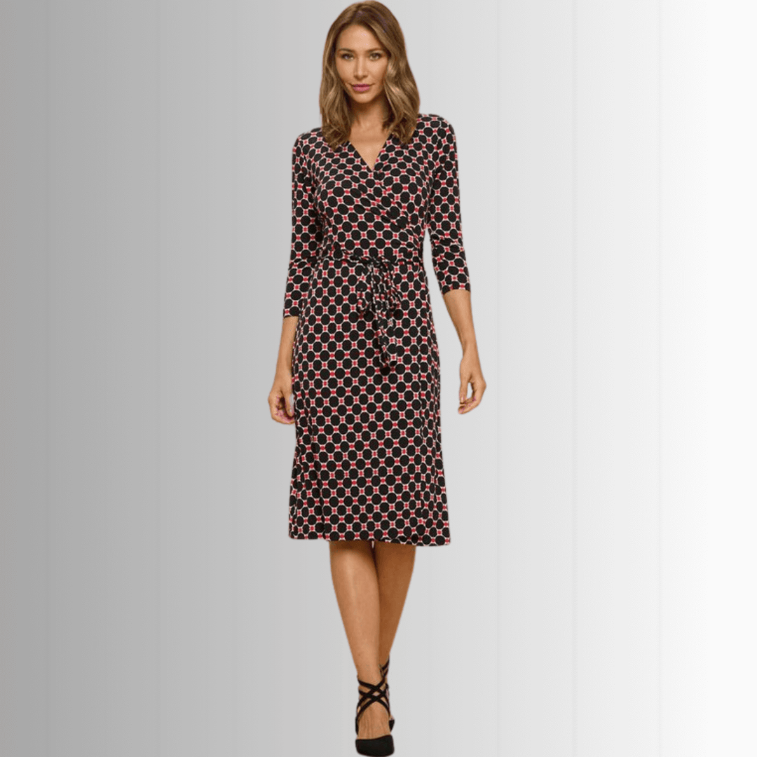 Beautiful Ladies Black & Red Geometrical Design Printed Wrap Midi Dress with 3/4 Sleeves | Renee C. Style 4329DRC | Proudly Made in USA | Classy Cozy Cool Clothing Boutique