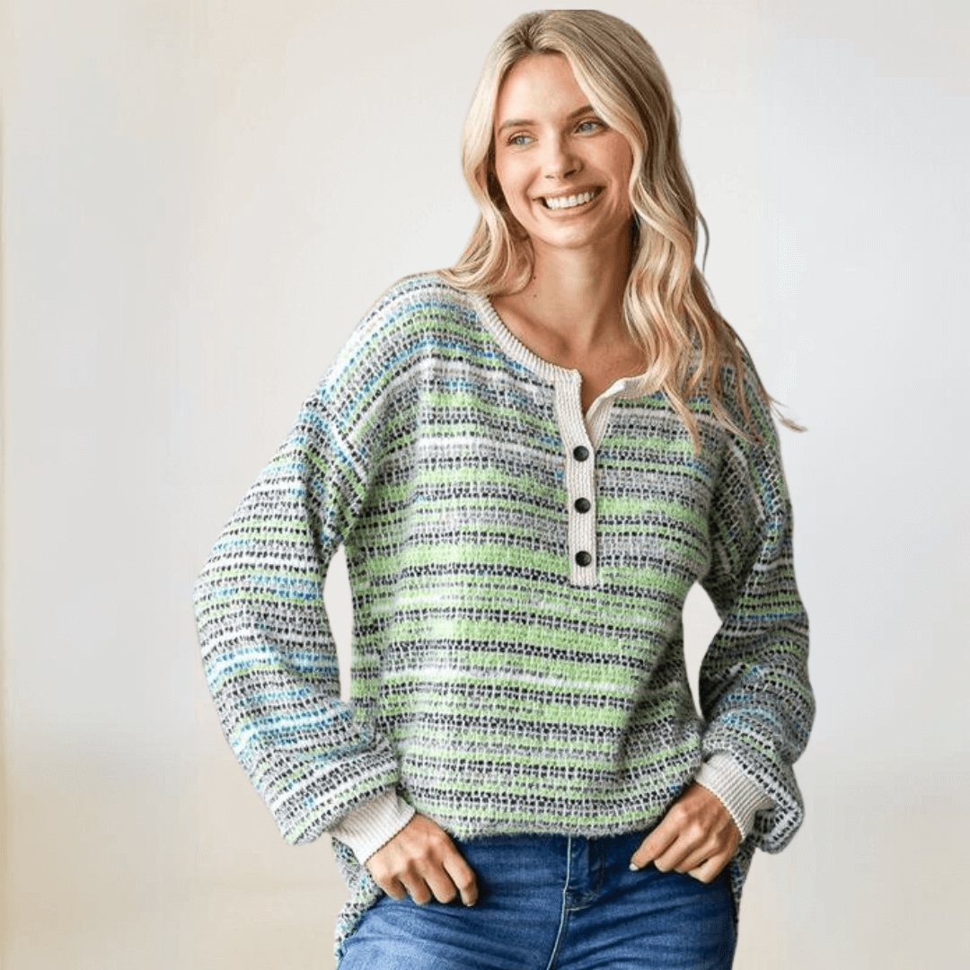 Made in USA Women's Striped Multi Color Knit Cozy Fuzzy Relaxed Fit Henley Sweater, Button Detail, Drop Shoulder, Long Sleeves, Multi Color | Classy Cozy Cool Made in America Boutique