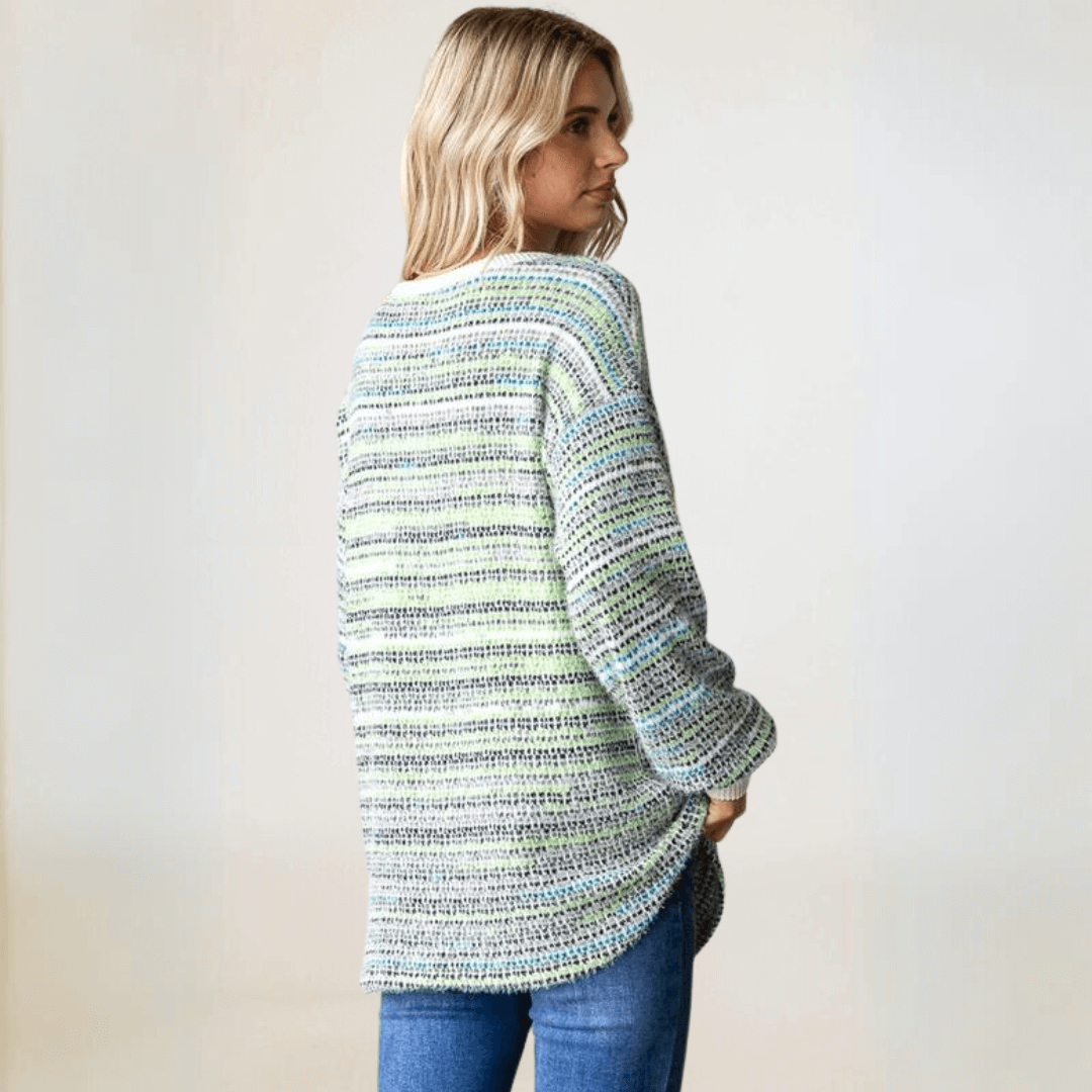 Made in USA Women's Striped Multi Color Knit Cozy Fuzzy Relaxed Fit Henley Sweater, Button Detail, Drop Shoulder, Long Sleeves, Multi Color | Classy Cozy Cool Made in America Boutique