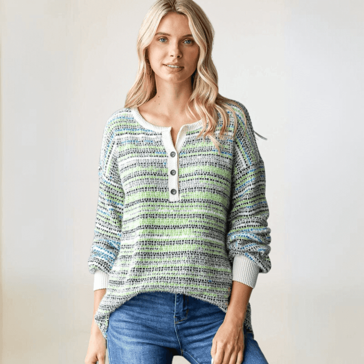 Made in USA Women's Striped Multi Color Knit Cozy Fuzzy Relaxed Fit Henley Sweater, Button Detail, Drop Shoulder, Long Sleeves, Multi Color | Classy Cozy Cool Made in America Boutique