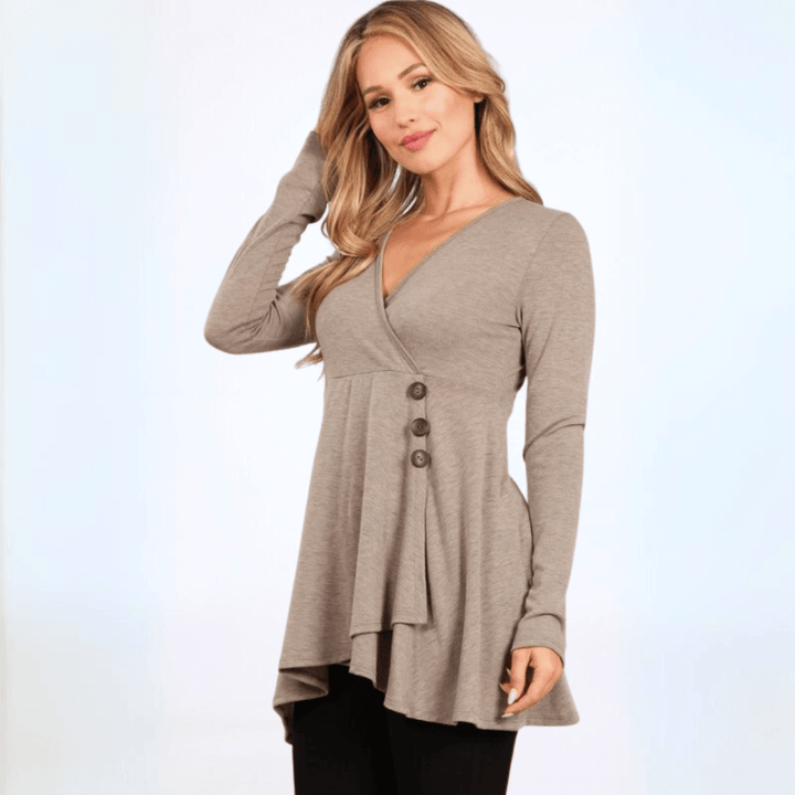 Made in USA Women's Soft Faux Wrap Tunic with Button Detail, Long Sleeves, Flattering A-line Fit in Taupe | Classy Cozy Cool Made in America Boutique