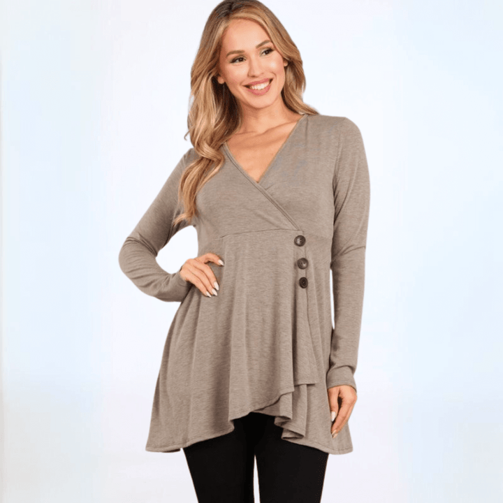 Made in USA Women's Soft Faux Wrap Tunic with Button Detail, Long Sleeves, Flattering A-line Fit in Taupe | Classy Cozy Cool Made in America Boutique