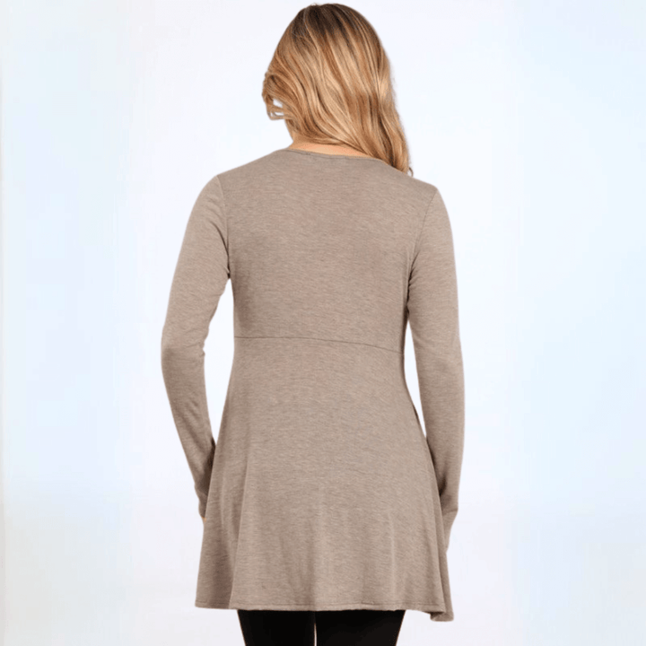 Made in USA Women's Soft Faux Wrap Tunic with Button Detail, Long Sleeves, Flattering A-line Fit in Taupe | Classy Cozy Cool Made in America Boutique