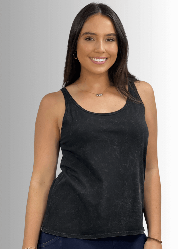 Twenty Four Seven Tank Top | Women's Sustainable and durable premium America-made cotton tank top, in Mineral Washed Vintage Black, Wide Round Neck, Loose Fit, Perfect for Layering | Classy Cozy Cool Style C11315