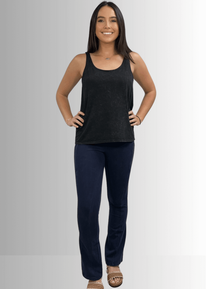 Twenty Four Seven Tank Top | Women's Sustainable and durable premium America-made cotton tank top, in Mineral Washed Vintage Black, Wide Round Neck, Loose Fit, Perfect for Layering | Classy Cozy Cool Style C11315