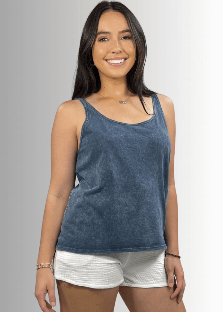 Twenty Four Seven Tank Top | Women's Sustainable and durable premium America-made cotton tank top, in Mineral Washed Vintage Dark Grey Blue Color, Wide Round Neck, Loose Fit, Perfect for Layering | Classy Cozy Cool Style C11315
