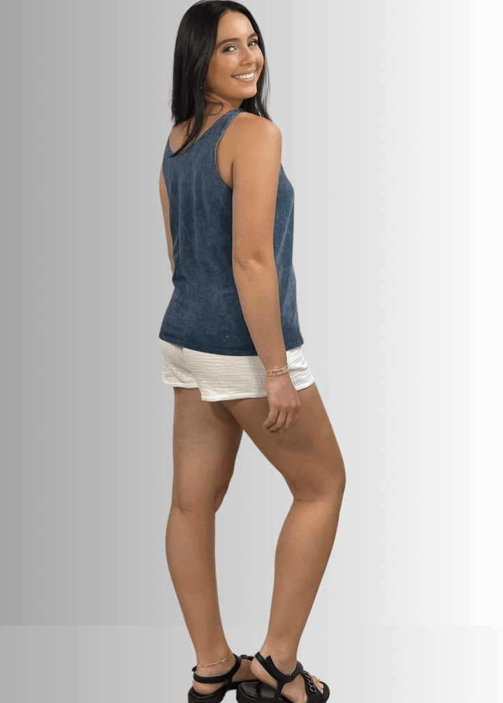 Twenty Four Seven Tank Top | Women's Sustainable and durable premium America-made cotton tank top, in Mineral Washed Vintage Dark Grey Blue Color, Wide Round Neck, Loose Fit, Perfect for Layering | Classy Cozy Cool Style C11315