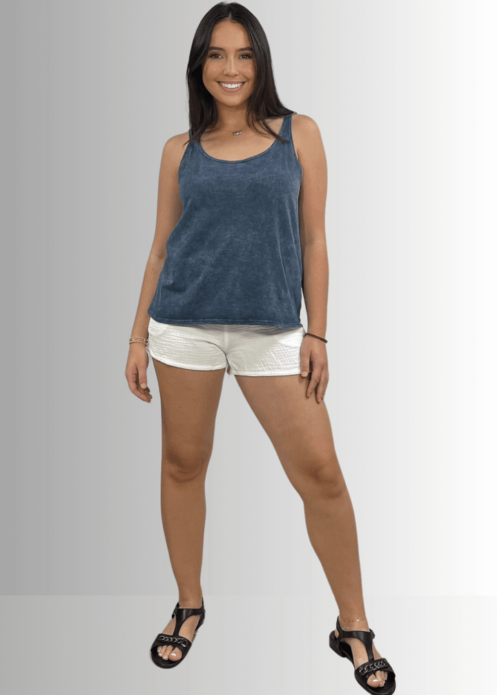 Twenty Four Seven Tank Top | Women's Sustainable and durable premium America-made cotton tank top, in Mineral Washed Vintage Dark Grey Blue Color, Wide Round Neck, Loose Fit, Perfect for Layering | Classy Cozy Cool Style C11315