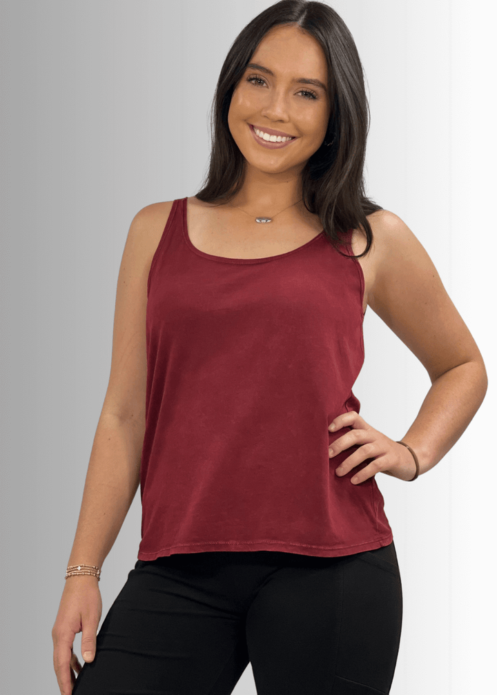 Twenty Four Seven Tank Top | Women's Sustainable and durable premium America-made cotton tank top, in Mineral Washed Vintage Burnt Red Clay, Wide Round Neck, Loose Fit, Perfect for Layering | Classy Cozy Cool Style C11315