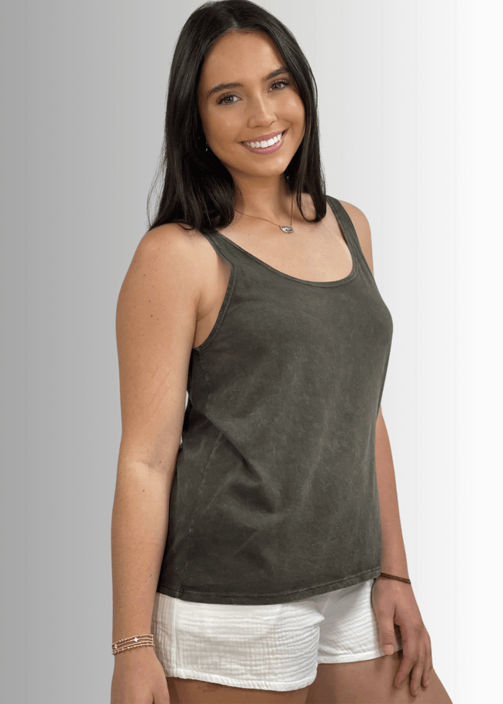 Twenty Four Seven Tank Top | Women's Sustainable and durable premium America-made cotton tank top, in Mineral Washed Vintage Dark Moss Green Color, Wide Round Neck, Loose Fit, Perfect for Layering | Classy Cozy Cool Style C11315