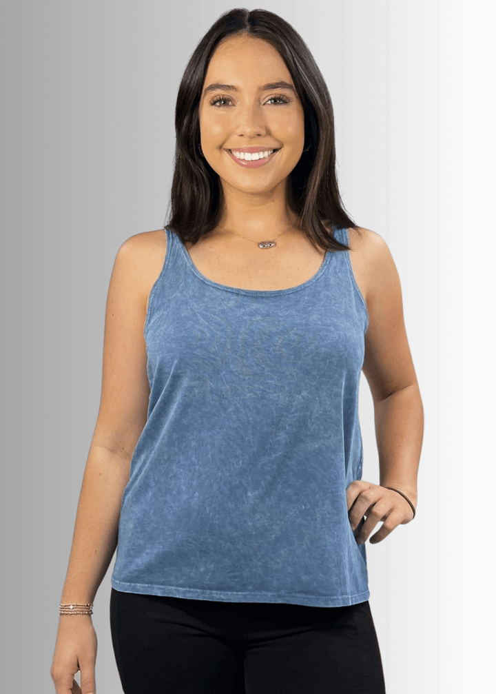 Twenty Four Seven Tank Top | Women's Sustainable and durable premium America-made cotton tank top, in Mineral Washed Vintage Light Denim Blue Color, Wide Round Neck, Loose Fit, Perfect for Layering | Classy Cozy Cool Style C11315