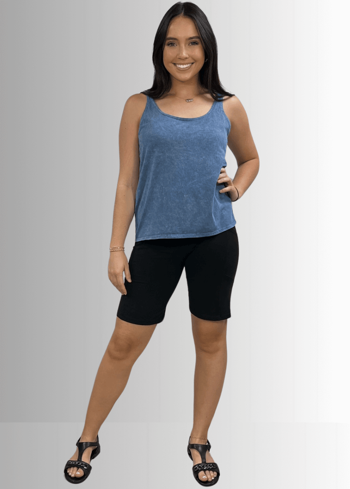 Twenty Four Seven Tank Top | Women's Sustainable and durable premium America-made cotton tank top, in Mineral Washed Vintage Light Denim Blue Color, Wide Round Neck, Loose Fit, Perfect for Layering | Classy Cozy Cool Style C11315