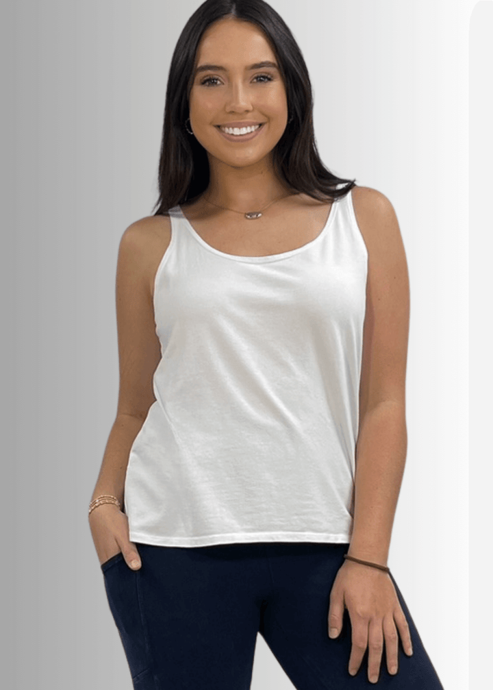 Twenty Four Seven Tank Top | Women's Sustainable and durable premium America-made cotton tank top, in Garment Washed White, Wide Round Neck, Loose Fit, Perfect for Layering | Classy Cozy Cool Style C11315
