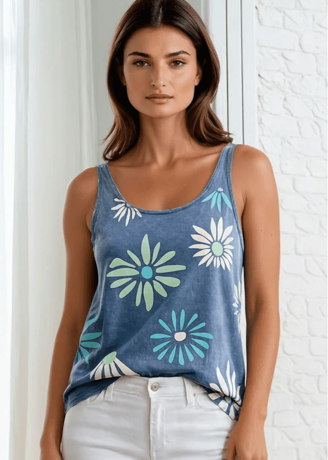 Lazy Daisy Days Floral Cotton Tank Top | Made in USA | Mineral Washed, Soft, flowy &amp; USA-made! Chalk flower graphic tank in light denim mineral wash. 95% cotton, relaxed fit, grown &amp; sewn in America. Perfect for summer layering.