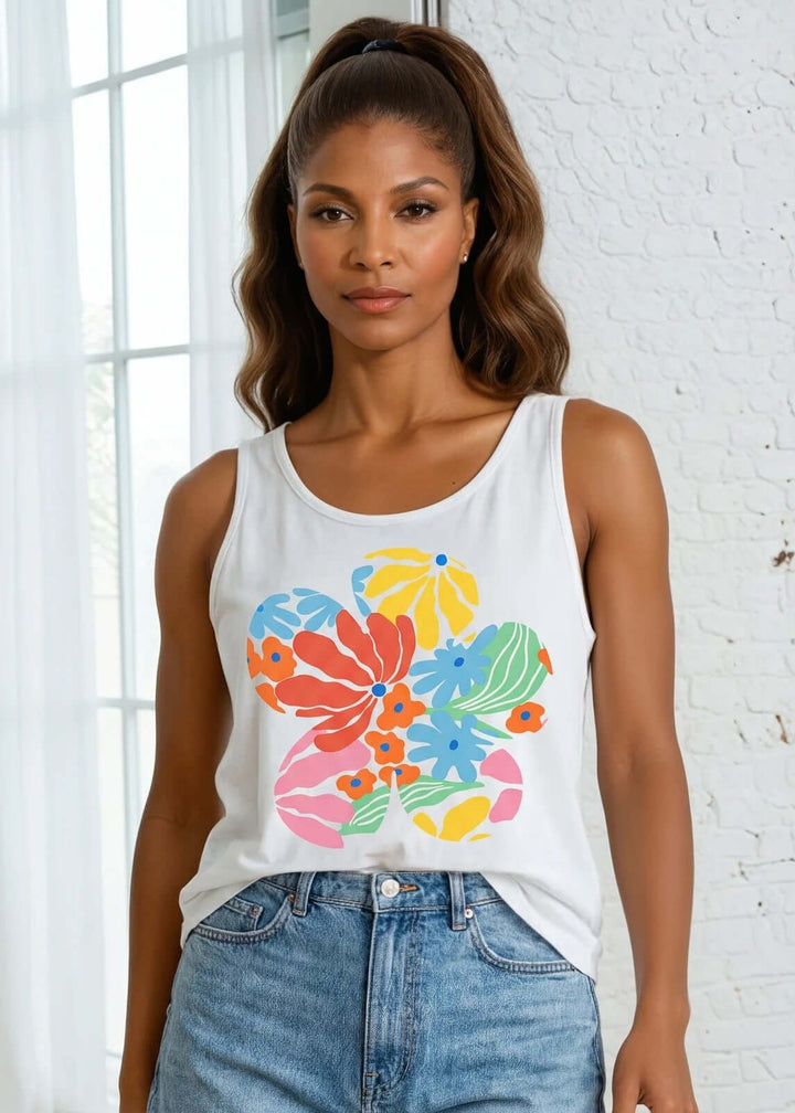 Made in USA Colorful Groovy Flower Graphic Women's Sustainable durable premium America-made cotton tank top | Classy Cozy Cool Made in USA Boutique