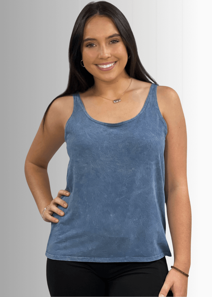 Twenty Four Seven Tank Top | Women's Sustainable and durable premium America-made cotton tank top, in Mineral Washed Vintage Light Denim Blue Color, Wide Round Neck, Loose Fit, Perfect for Layering | Classy Cozy Cool Style C11315