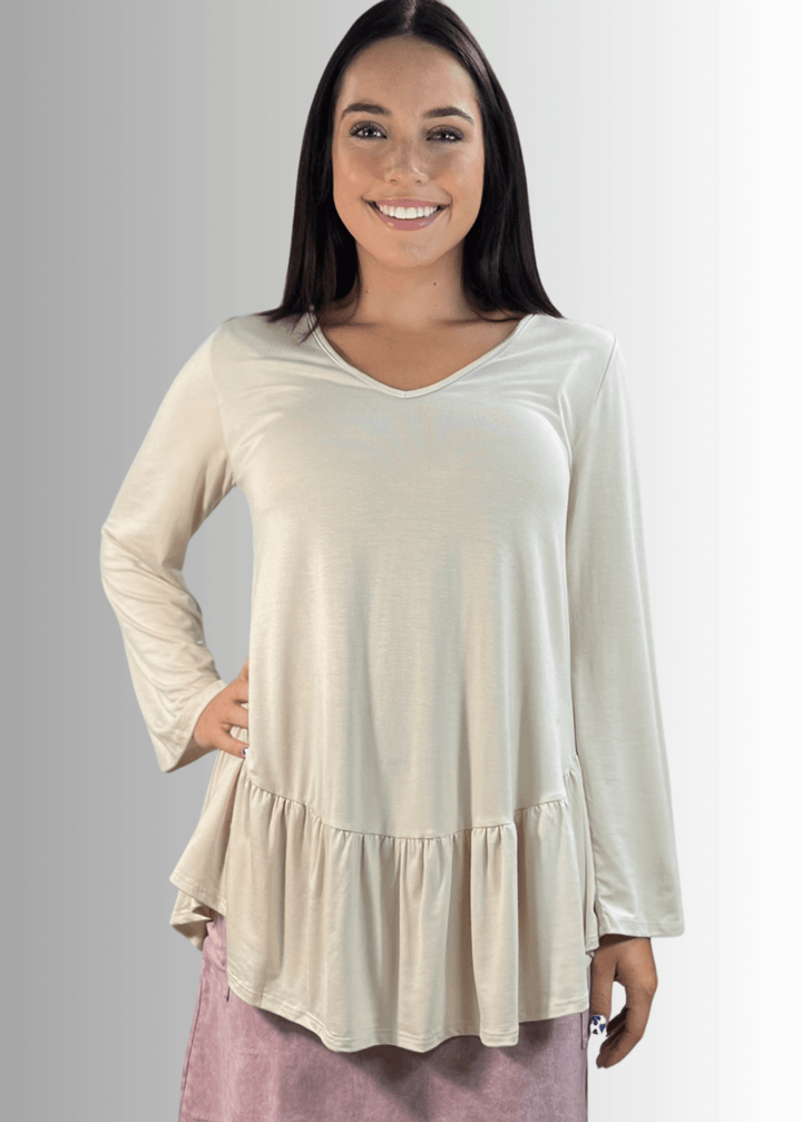 Made in USA Women's Cream Flare Sleeve Tunic with Flounce Ruffle Hem, V-Neck, Lightweight and Flowy, Super Soft, 95% Rayon, 5% Spandex Machine Wash, Tumble Dry Low Style C11316 | Classy Cozy Cool Made in USA Boutique