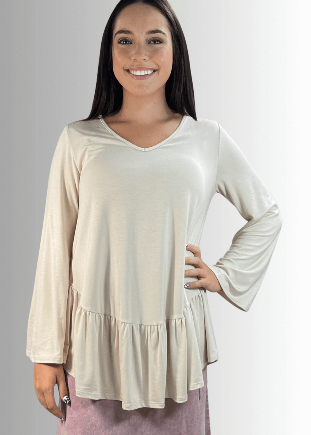 Made in USA Women's Cream Flare Sleeve Tunic with Flounce Ruffle Hem, V-Neck, Lightweight and Flowy, Super Soft, 95% Rayon, 5% Spandex Machine Wash, Tumble Dry Low Style C11316 | Classy Cozy Cool Made in USA Boutique