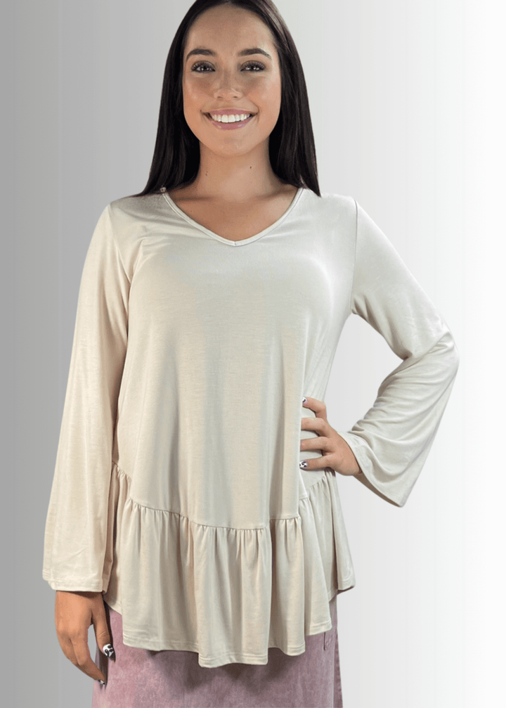 Made in USA Women's Cream Flare Sleeve Tunic with Flounce Ruffle Hem, V-Neck, Lightweight and Flowy, Super Soft, 95% Rayon, 5% Spandex Machine Wash, Tumble Dry Low Style C11316 | Classy Cozy Cool Made in USA Boutique