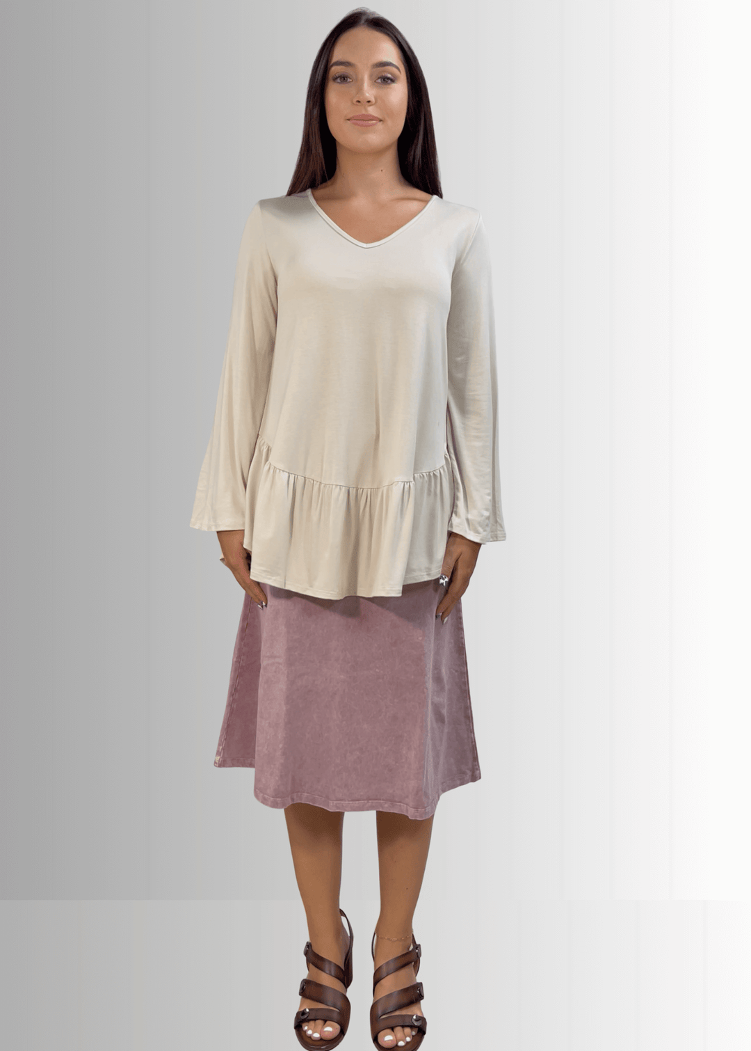 Made in USA Women's Cream Flare Sleeve Tunic with Flounce Ruffle Hem, V-Neck, Lightweight and Flowy, Super Soft, 95% Rayon, 5% Spandex Machine Wash, Tumble Dry Low Style C11316 | Classy Cozy Cool Made in USA Boutique