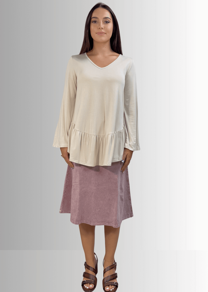 Made in USA Women's Cream Flare Sleeve Tunic with Flounce Ruffle Hem, V-Neck, Lightweight and Flowy, Super Soft, 95% Rayon, 5% Spandex Machine Wash, Tumble Dry Low Style C11316 | Classy Cozy Cool Made in USA Boutique