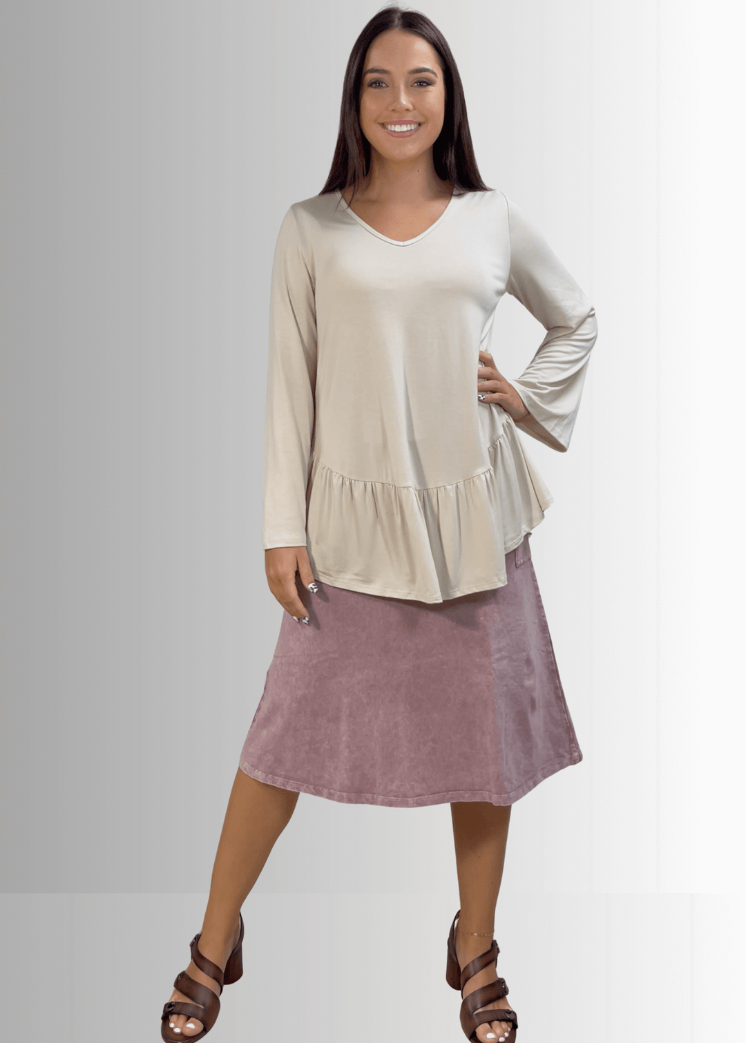 Made in USA Women's Cream Flare Sleeve Tunic with Flounce Ruffle Hem, V-Neck, Lightweight and Flowy, Super Soft, 95% Rayon, 5% Spandex Machine Wash, Tumble Dry Low Style C11316 | Classy Cozy Cool Made in USA Boutique