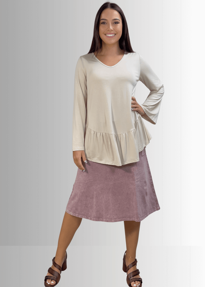 Made in USA Women's Cream Flare Sleeve Tunic with Flounce Ruffle Hem, V-Neck, Lightweight and Flowy, Super Soft, 95% Rayon, 5% Spandex Machine Wash, Tumble Dry Low Style C11316 | Classy Cozy Cool Made in USA Boutique