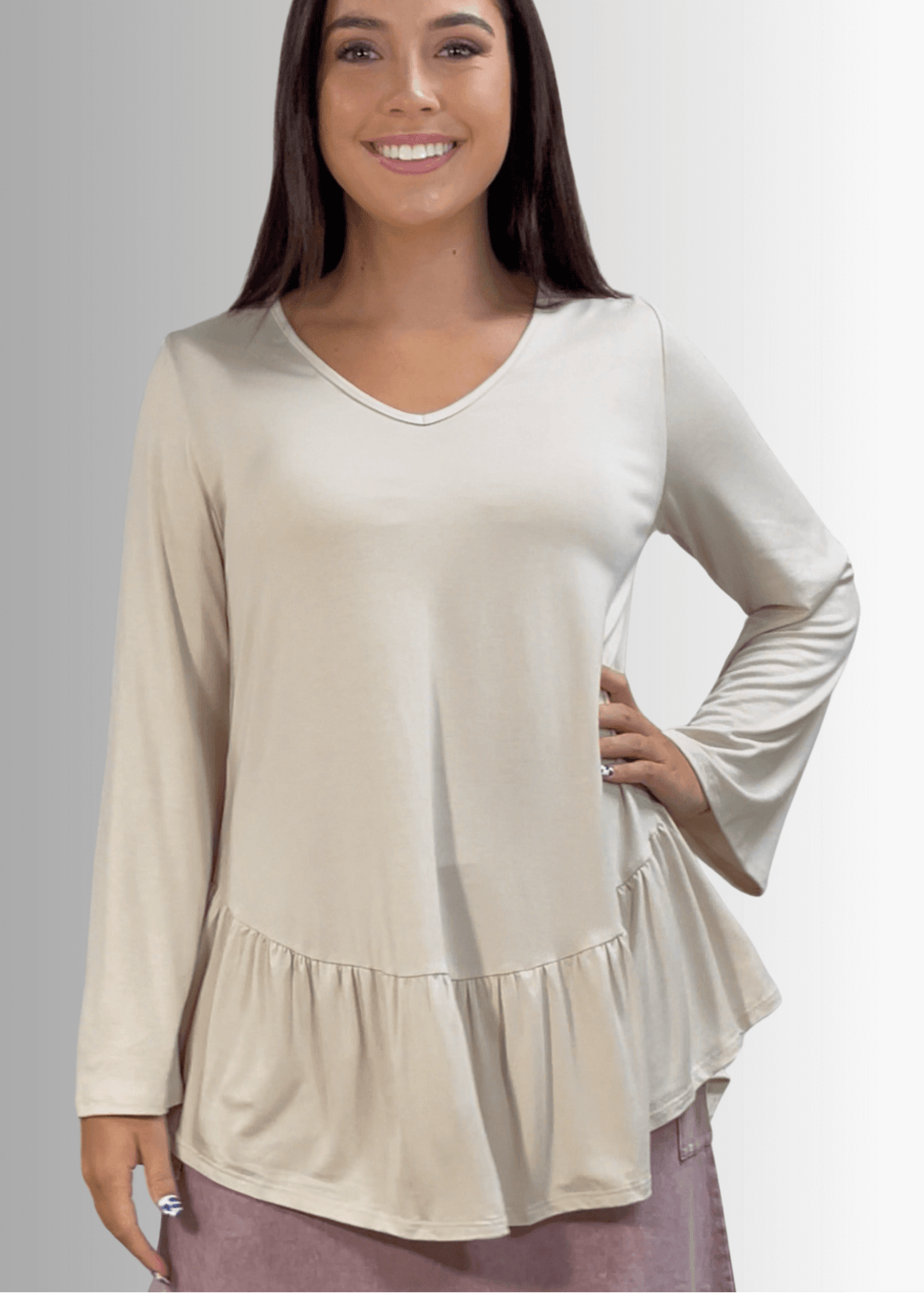 Made in USA Women's Cream Flare Sleeve Tunic with Flounce Ruffle Hem, V-Neck, Lightweight and Flowy, Super Soft, 95% Rayon, 5% Spandex Machine Wash, Tumble Dry Low Style C11316 | Classy Cozy Cool Made in USA Boutique