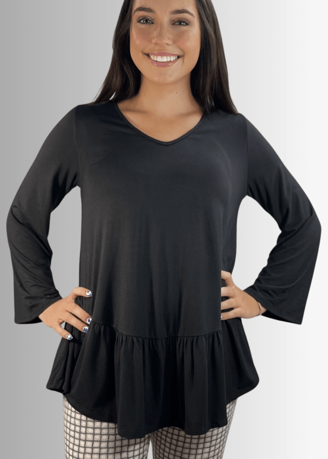 Made in USA Women's Black Flare Sleeve Tunic with Flounce Ruffle Hem, V-Neck, Lightweight and Flowy, Super Soft, 95% Rayon, 5% Spandex Machine Wash, Tumble Dry Low Style C11316 | Classy Cozy Cool Made in USA Boutique