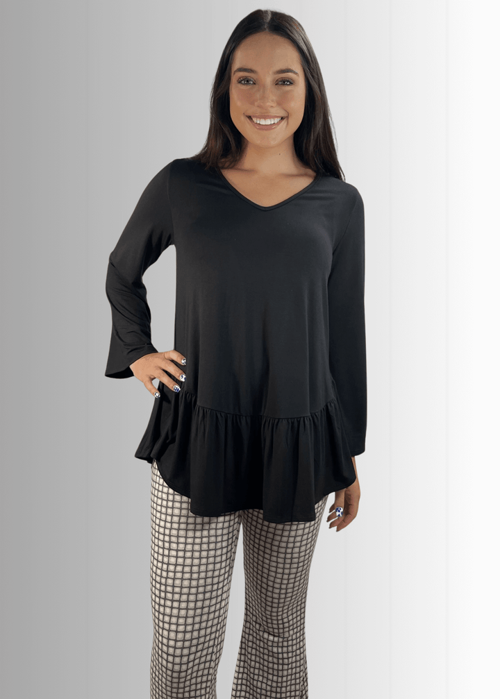 Made in USA Women's Black Flare Sleeve Tunic with Flounce Ruffle Hem, V-Neck, Lightweight and Flowy, Super Soft, 95% Rayon, 5% Spandex Machine Wash, Tumble Dry Low Style C11316 | Classy Cozy Cool Made in USA Boutique