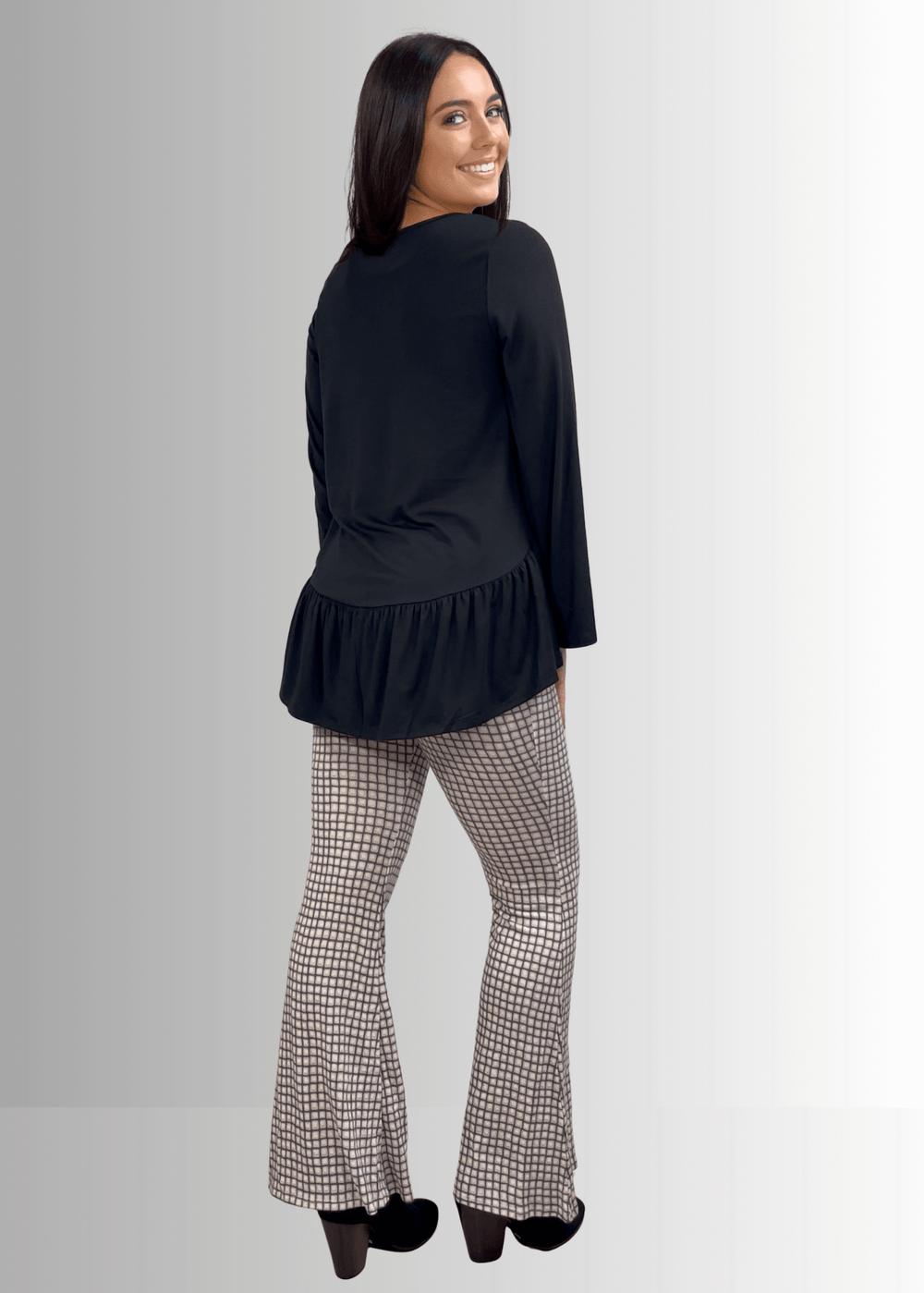 Made in USA Women's Black Flare Sleeve Tunic with Flounce Ruffle Hem, V-Neck, Lightweight and Flowy, Super Soft, 95% Rayon, 5% Spandex Machine Wash, Tumble Dry Low Style C11316 | Classy Cozy Cool Made in USA Boutique