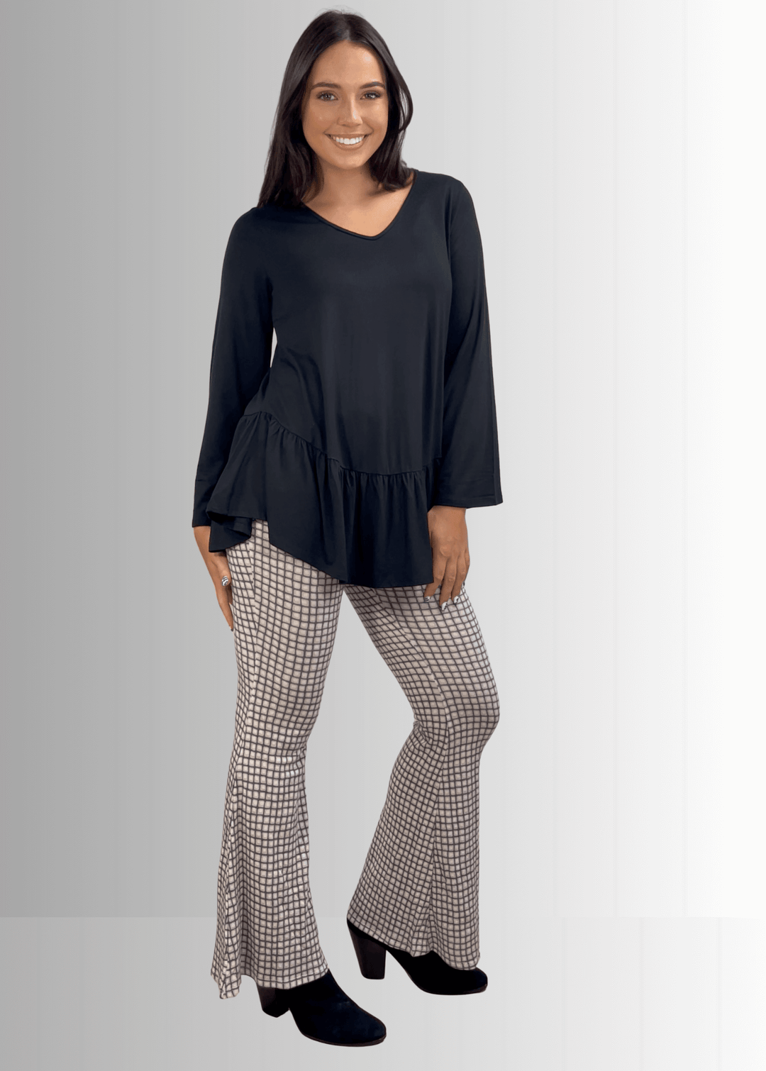 Made in USA Women's Black Flare Sleeve Tunic with Flounce Ruffle Hem, V-Neck, Lightweight and Flowy, Super Soft, 95% Rayon, 5% Spandex Machine Wash, Tumble Dry Low Style C11316 | Classy Cozy Cool Made in USA Boutique