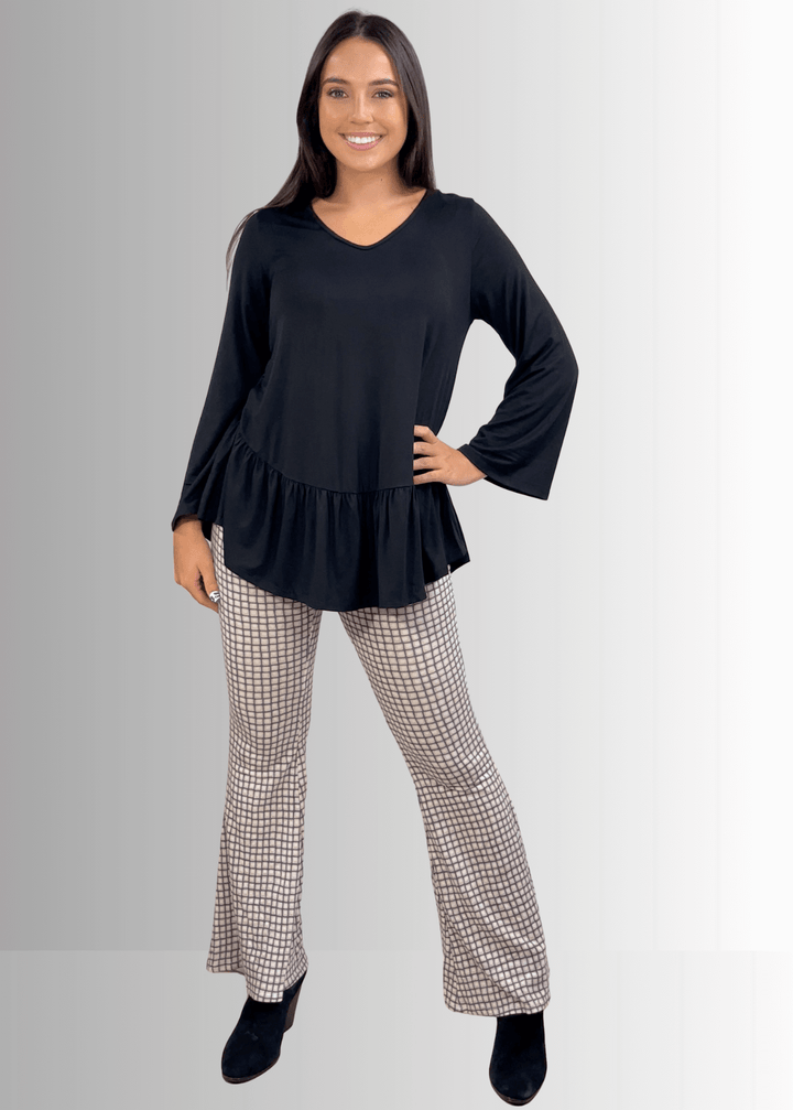 Made in USA Women's Black Flare Sleeve Tunic with Flounce Ruffle Hem, V-Neck, Lightweight and Flowy, Super Soft, 95% Rayon, 5% Spandex Machine Wash, Tumble Dry Low Style C11316 | Classy Cozy Cool Made in USA Boutique