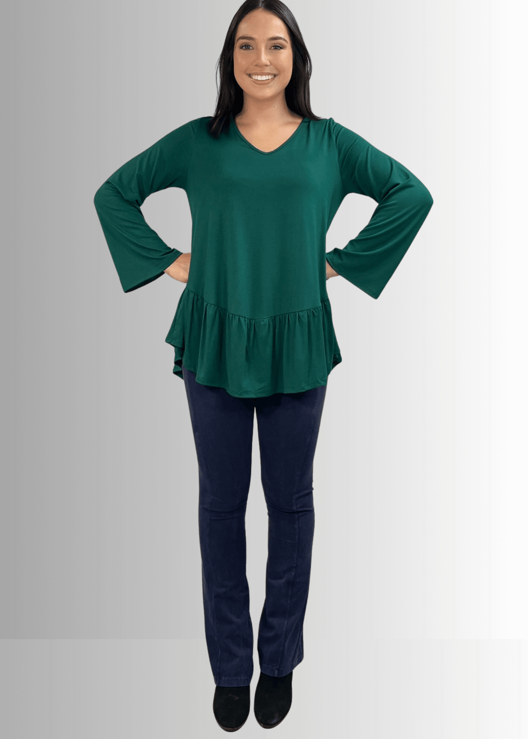 Made in USA Women's Hunter Green Flare Sleeve Tunic with Flounce Ruffle Hem, V-Neck, Lightweight and Flowy, Super Soft, 95% Rayon, 5% Spandex Machine Wash, Tumble Dry Low Style C11316 | Classy Cozy Cool Made in USA Boutique
