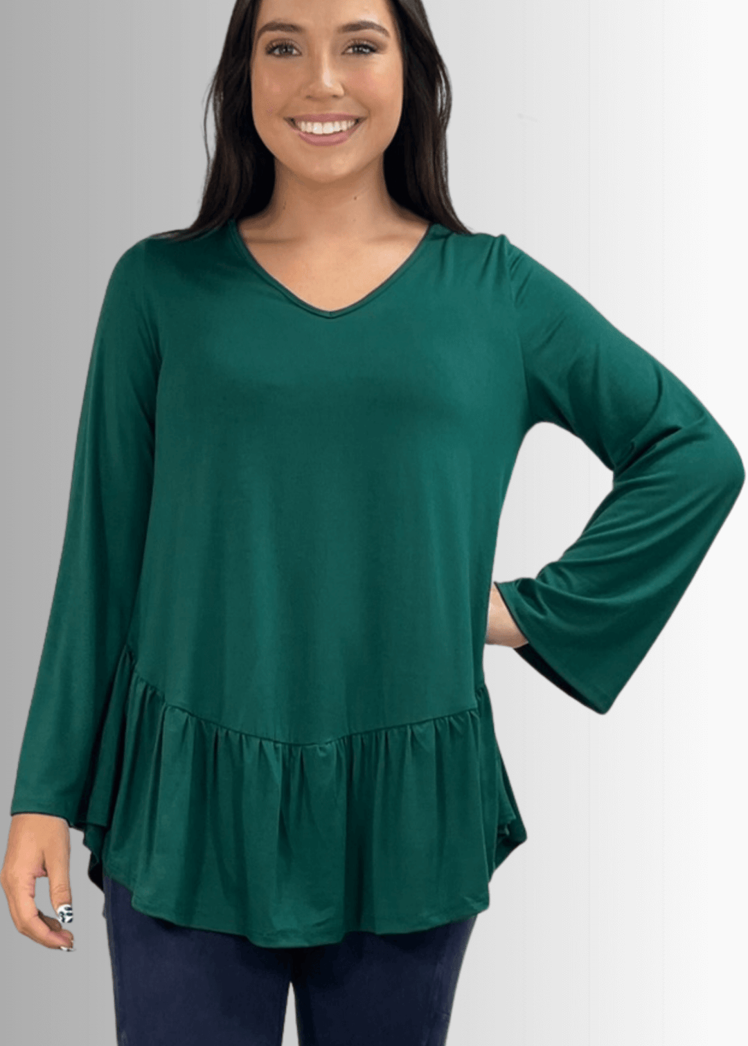 Made in USA Women's Hunter Green Flare Sleeve Tunic with Flounce Ruffle Hem, V-Neck, Lightweight and Flowy, Super Soft, 95% Rayon, 5% Spandex Machine Wash, Tumble Dry Low Style C11316 | Classy Cozy Cool Made in USA Boutique