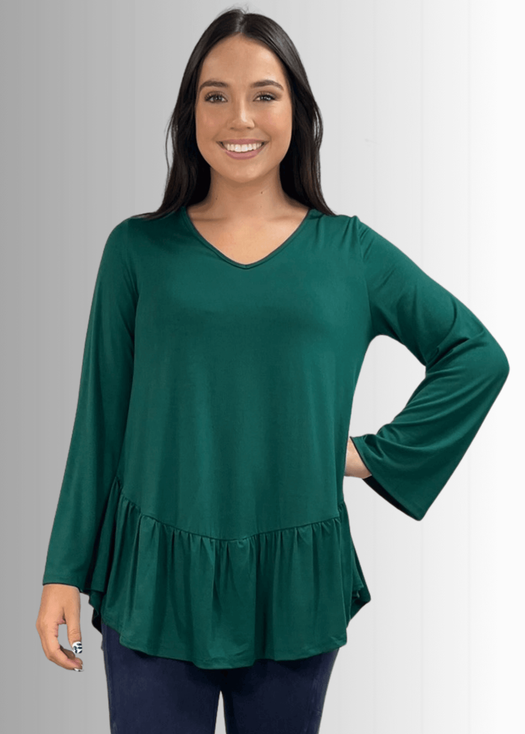 Made in USA Women's Hunter Green Flare Sleeve Tunic with Flounce Ruffle Hem, V-Neck, Lightweight and Flowy, Super Soft, 95% Rayon, 5% Spandex Machine Wash, Tumble Dry Low Style C11316 | Classy Cozy Cool Made in USA Boutique