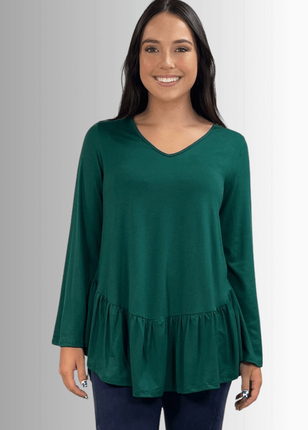 Made in USA Women's Hunter Green Flare Sleeve Tunic with Flounce Ruffle Hem, V-Neck, Lightweight and Flowy, Super Soft, 95% Rayon, 5% Spandex Machine Wash, Tumble Dry Low Style C11316 | Classy Cozy Cool Made in USA Boutique