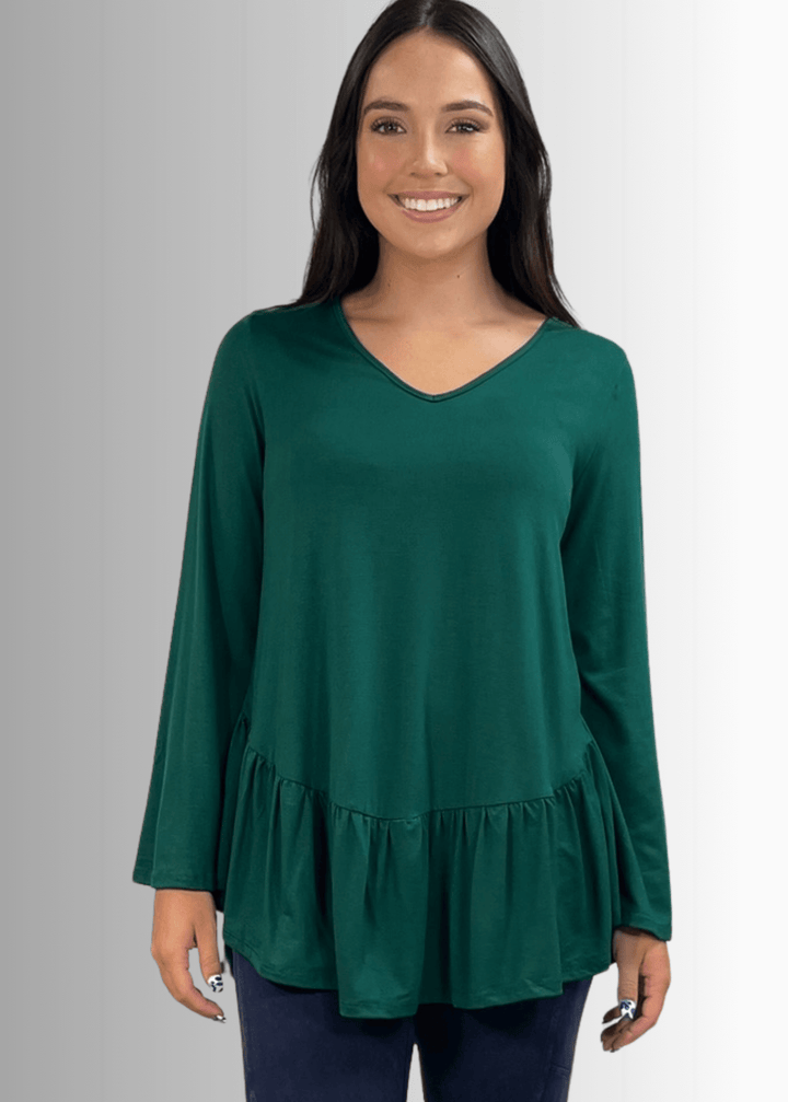 Made in USA Women's Hunter Green Flare Sleeve Tunic with Flounce Ruffle Hem, V-Neck, Lightweight and Flowy, Super Soft, 95% Rayon, 5% Spandex Machine Wash, Tumble Dry Low Style C11316 | Classy Cozy Cool Made in USA Boutique
