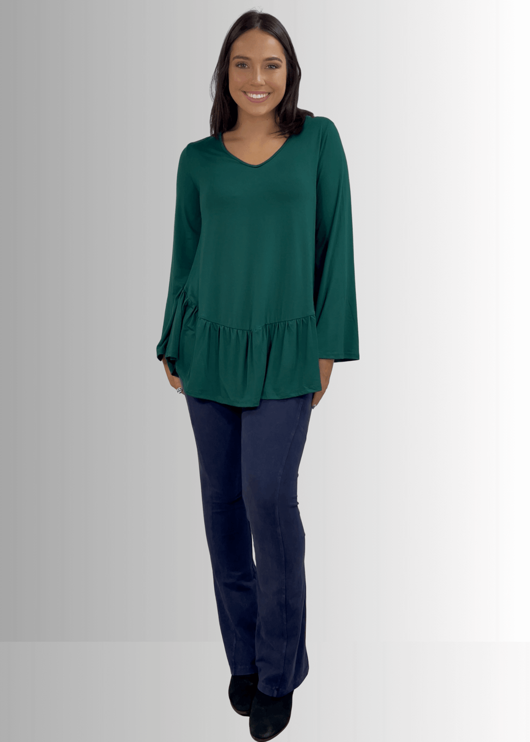 Made in USA Women's Hunter Green Flare Sleeve Tunic with Flounce Ruffle Hem, V-Neck, Lightweight and Flowy, Super Soft, 95% Rayon, 5% Spandex Machine Wash, Tumble Dry Low Style C11316 | Classy Cozy Cool Made in USA Boutique