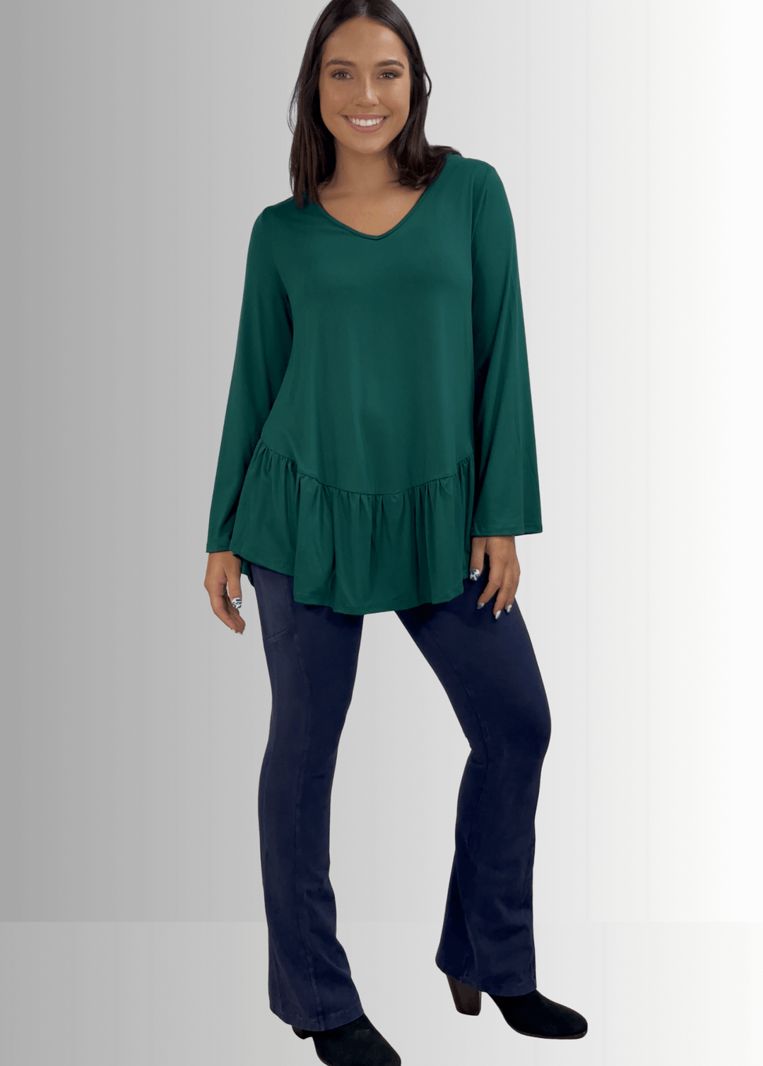 Made in USA Women's Hunter Green Flare Sleeve Tunic with Flounce Ruffle Hem, V-Neck, Lightweight and Flowy, Super Soft, 95% Rayon, 5% Spandex Machine Wash, Tumble Dry Low Style C11316 | Classy Cozy Cool Made in USA Boutique