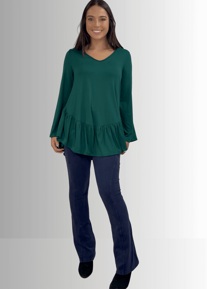 Made in USA Women's Hunter Green Flare Sleeve Tunic with Flounce Ruffle Hem, V-Neck, Lightweight and Flowy, Super Soft, 95% Rayon, 5% Spandex Machine Wash, Tumble Dry Low Style C11316 | Classy Cozy Cool Made in USA Boutique