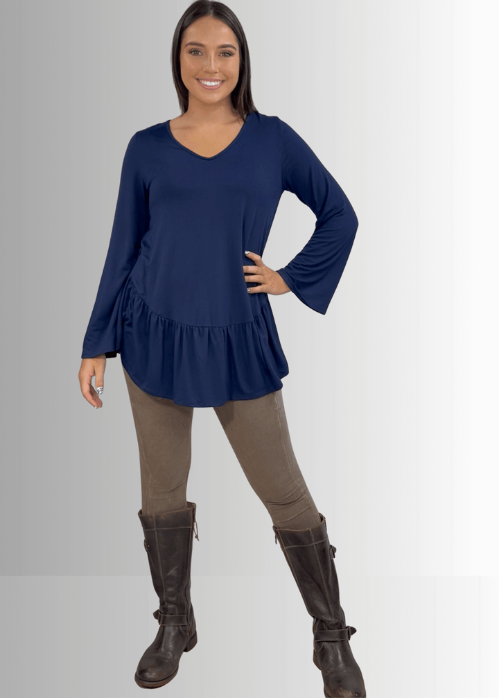 Made in USA Women's Navy Blue Flare Sleeve Tunic with Flounce Ruffle Hem, V-Neck, Lightweight and Flowy, Super Soft, 95% Rayon, 5% Spandex Machine Wash, Tumble Dry Low Style C11316 | Classy Cozy Cool Made in USA Boutique