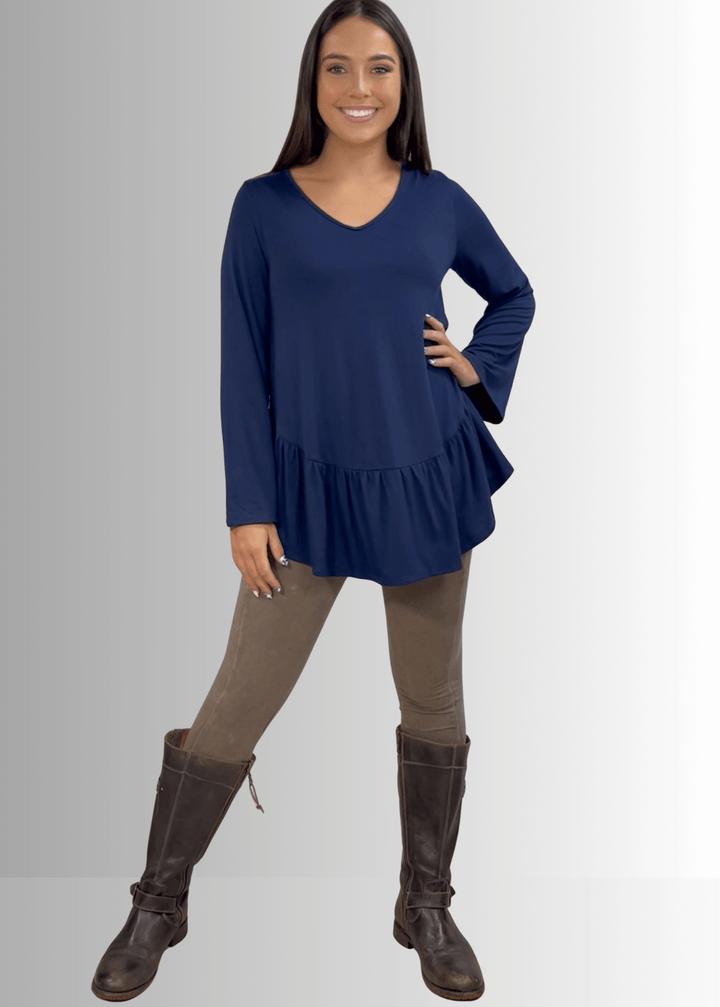Made in USA Women's Navy Blue Flare Sleeve Tunic with Flounce Ruffle Hem, V-Neck, Lightweight and Flowy, Super Soft, 95% Rayon, 5% Spandex Machine Wash, Tumble Dry Low Style C11316 | Classy Cozy Cool Made in USA Boutique