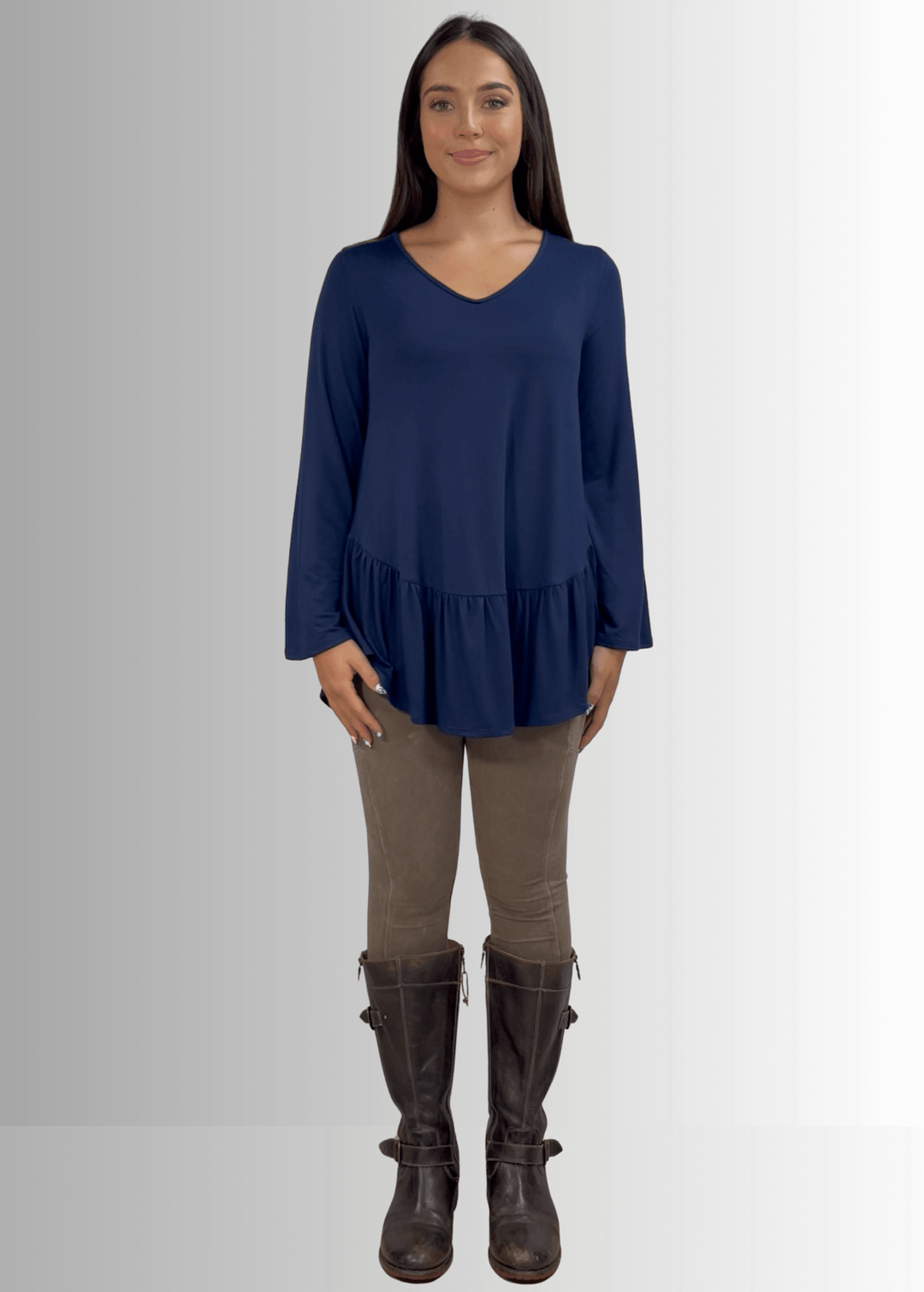 Made in USA Women's Navy Blue Flare Sleeve Tunic with Flounce Ruffle Hem, V-Neck, Lightweight and Flowy, Super Soft, 95% Rayon, 5% Spandex Machine Wash, Tumble Dry Low Style C11316 | Classy Cozy Cool Made in USA Boutique