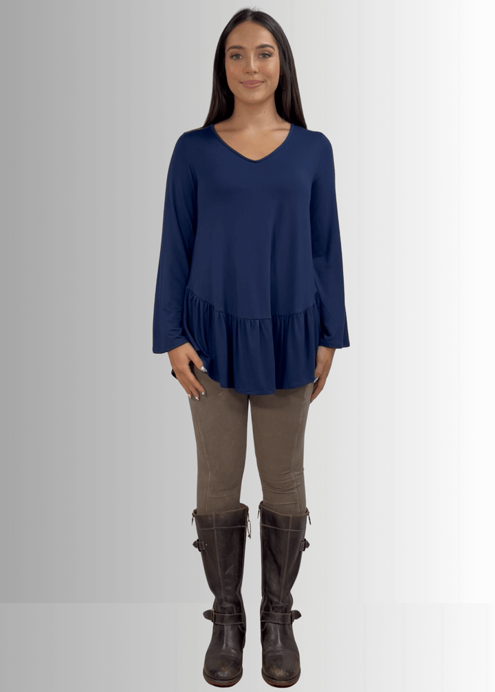 Made in USA Women's Navy Blue Flare Sleeve Tunic with Flounce Ruffle Hem, V-Neck, Lightweight and Flowy, Super Soft, 95% Rayon, 5% Spandex Machine Wash, Tumble Dry Low Style C11316 | Classy Cozy Cool Made in USA Boutique